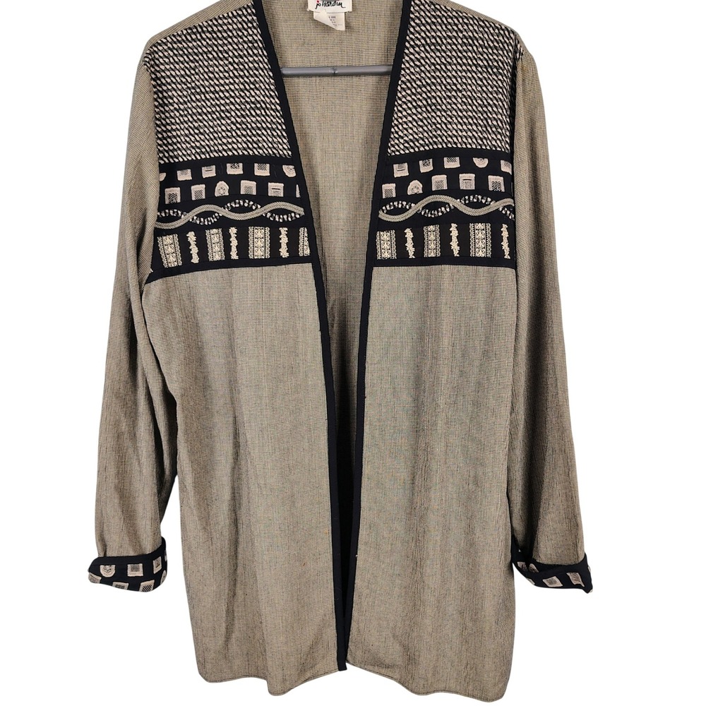VTG Jo Hardin Women 14 Open Front Cardigan Jacket Brown Geometric Boho Artsy 90s